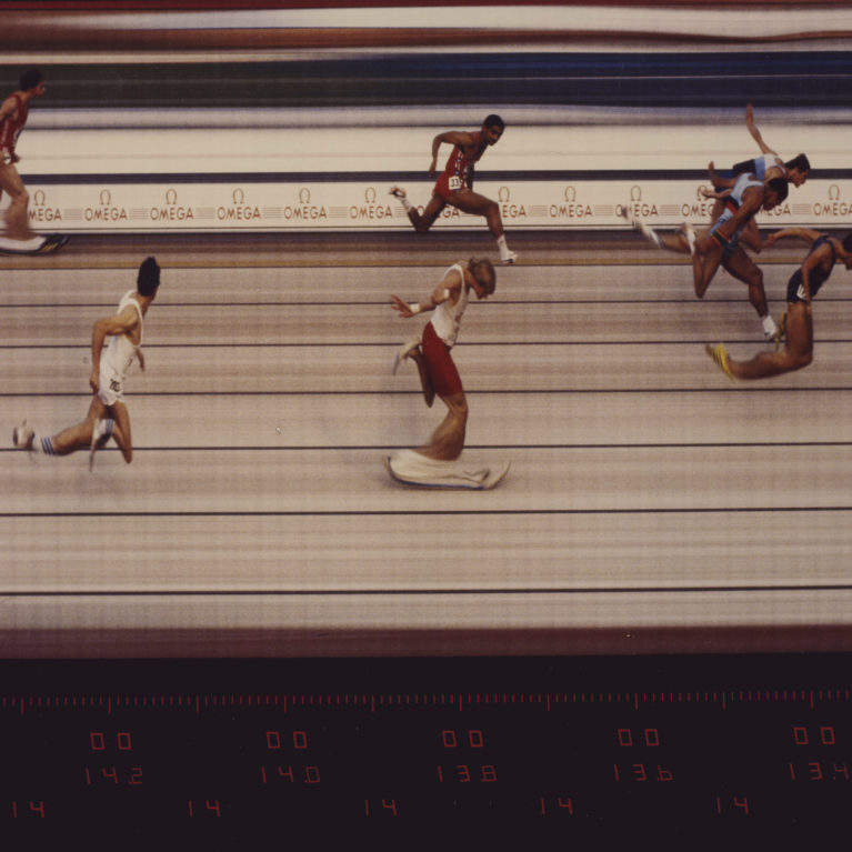 Athletissima, Lausanne, 110 meter hurdles, photofinish Omega Photosprint II, 1985 (MSAP)
